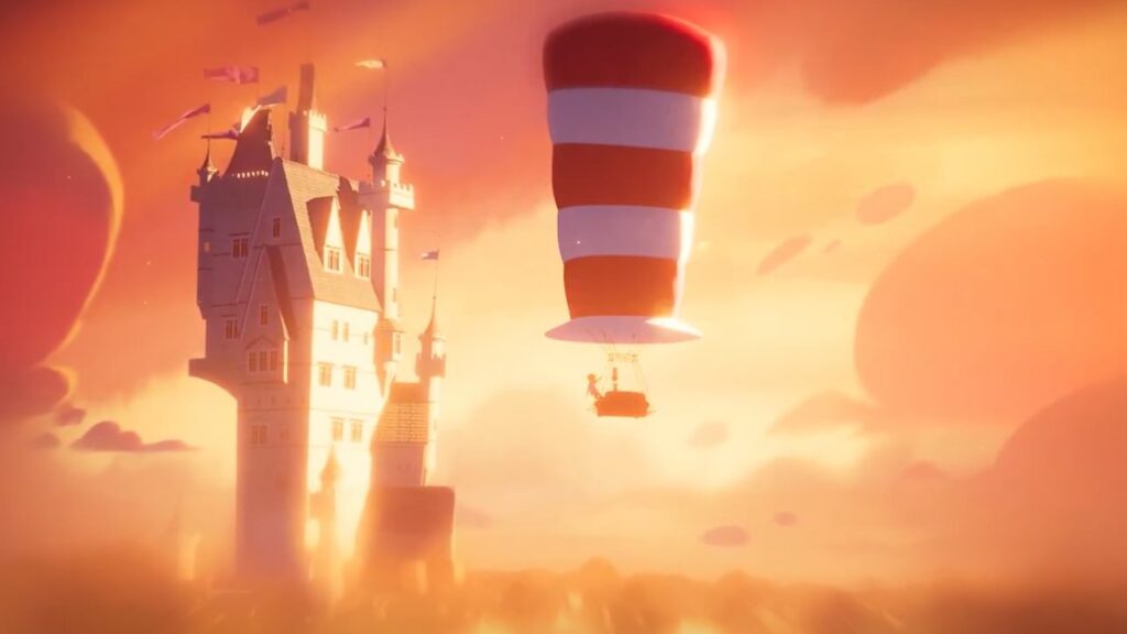 The Cat in the Hat floating over majestic scenery.