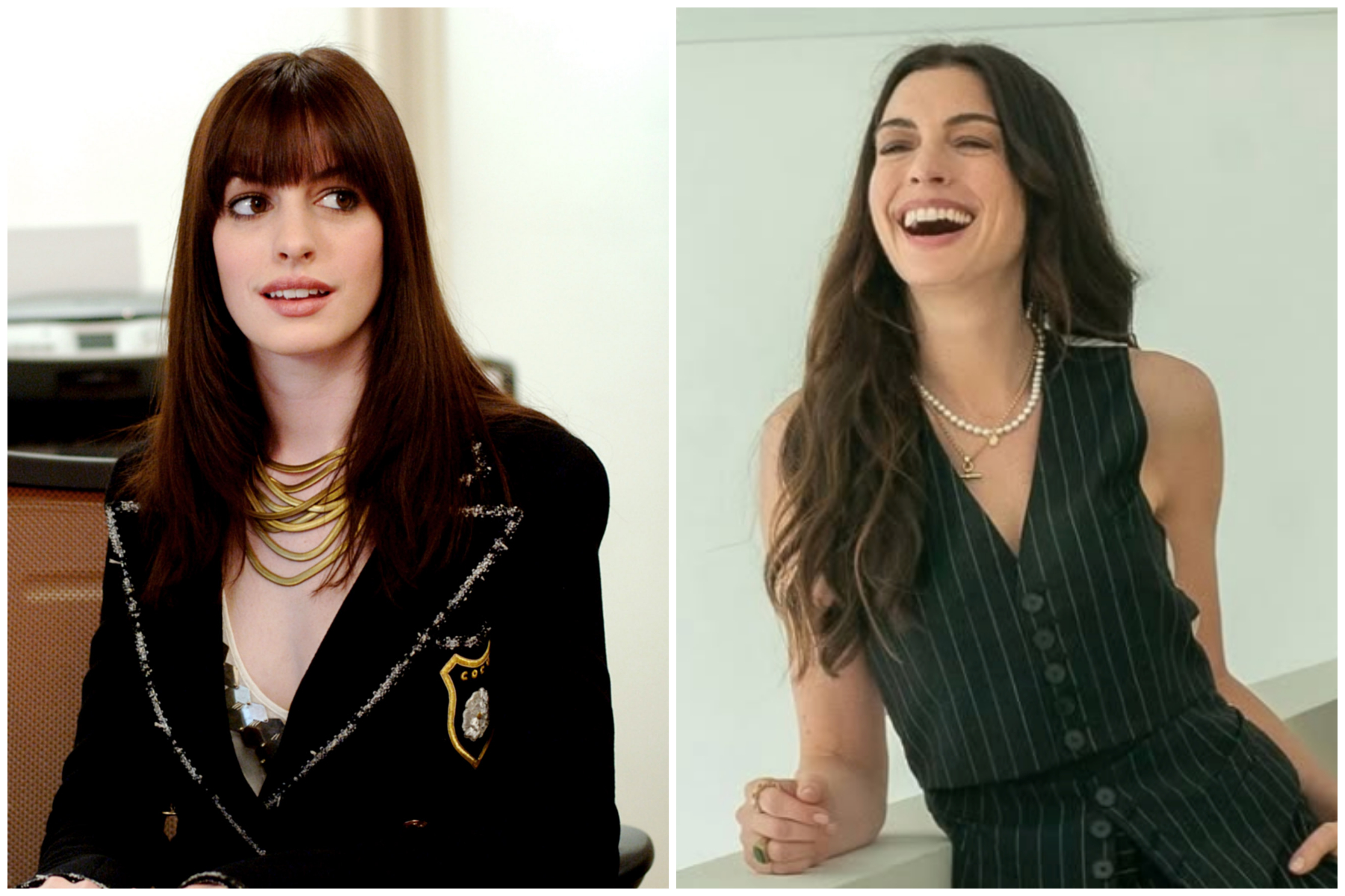 Anne Hathaway as Andrea Sachs in The Devil Wears Prada (2006) and (2026). 